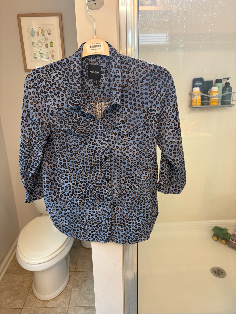 Nic+Zoe Women Blue Leopard Print Button Down Shirt 3/4 Sleeve Size S